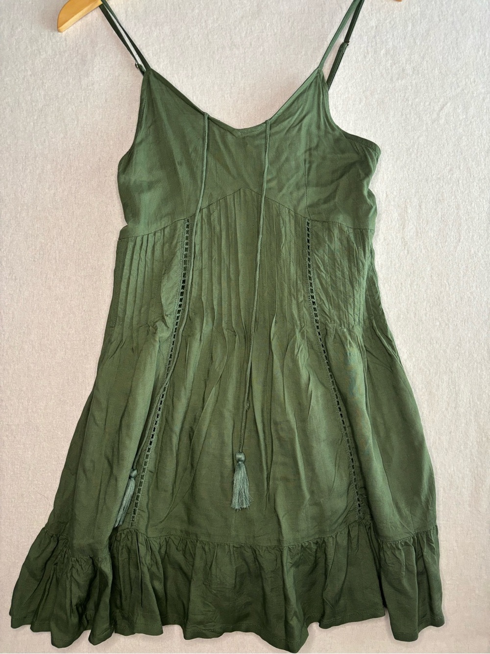 Olive Green Lined Spaghetti-Strap Mini Dress with Tassel Detail